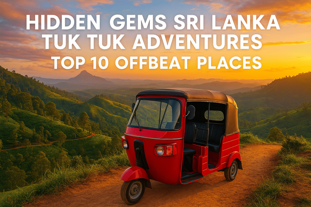 Red tuk tuk on a scenic mountain road in Sri Lanka at sunset – perfect for exploring hidden gems Sri Lanka tuk tuk style