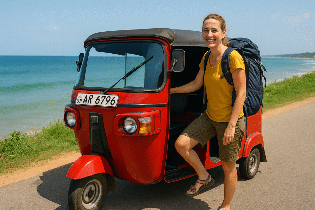 Rent a Tuk Tuk in Sri Lanka - Scenic Self-Drive Coastal Journey Tourist ready to rent a tuk tuk in Sri Lanka – female traveler with backpack beside red tuk tuk on a coastal road