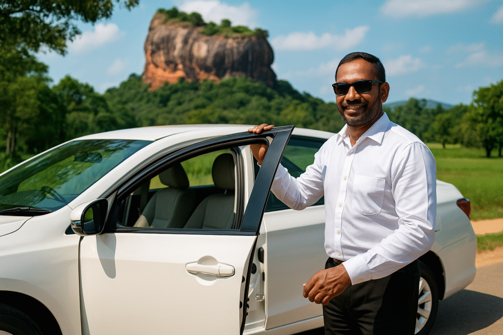 Chauffeur opening a car door near Sigiriya Rock in Sri Lanka during a private driver tour