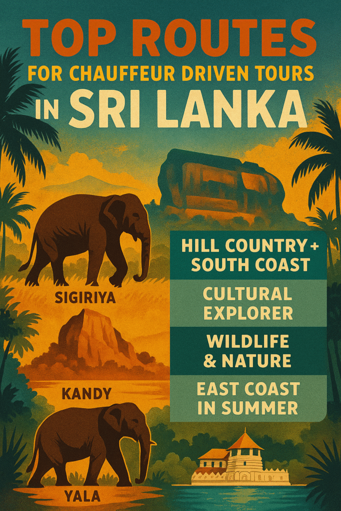 Illustrated map showing top routes for chauffeur driven tours in Sri Lanka including Sigiriya, Kandy, Yala, and coastal regions