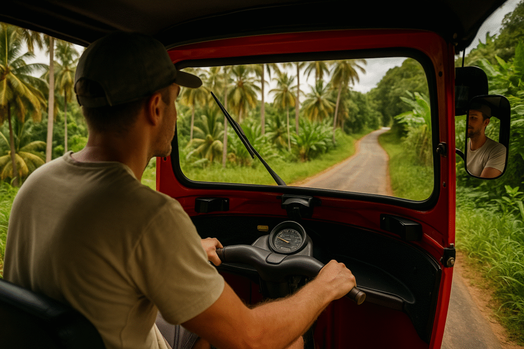 Driving a Tuk Tuk in Sri Lanka - Immersive Roadside View View from inside a red tuk tuk as a man drives through a tropical road in Sri Lanka