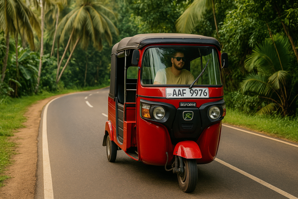 Man driving a red tuk tuk on a winding tropical road in Sri Lanka surrounded by lush greenery