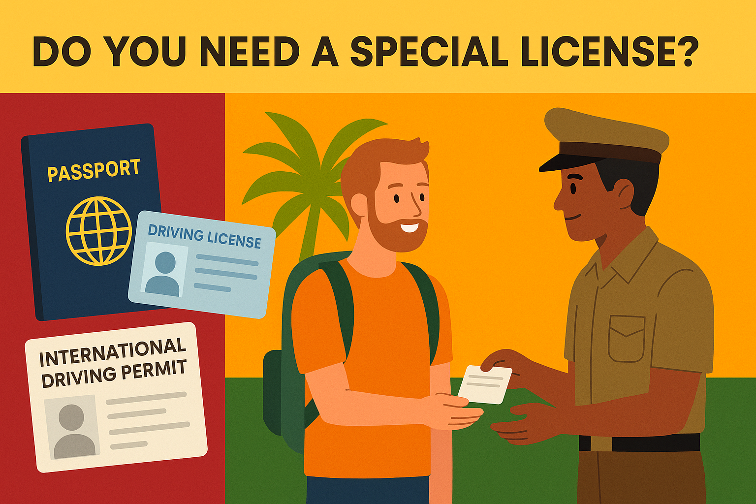 Flat-style illustration showing a tourist receiving a Sri Lankan driving permit from an officer, with passport, IDP, and license visuals in the background.