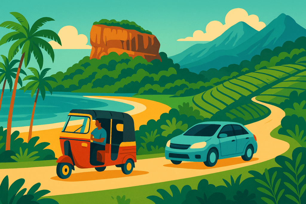 Colorful illustration of a tuk tuk and rental car driving through Sri Lanka’s coastal and mountain roads, symbolizing self drive Sri Lanka travel routes.